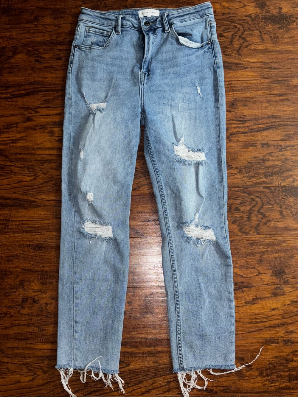 RISEN Distressed Jeans Light Wash Ripped Knee Raw Frayed Hem Straight Leg Denim